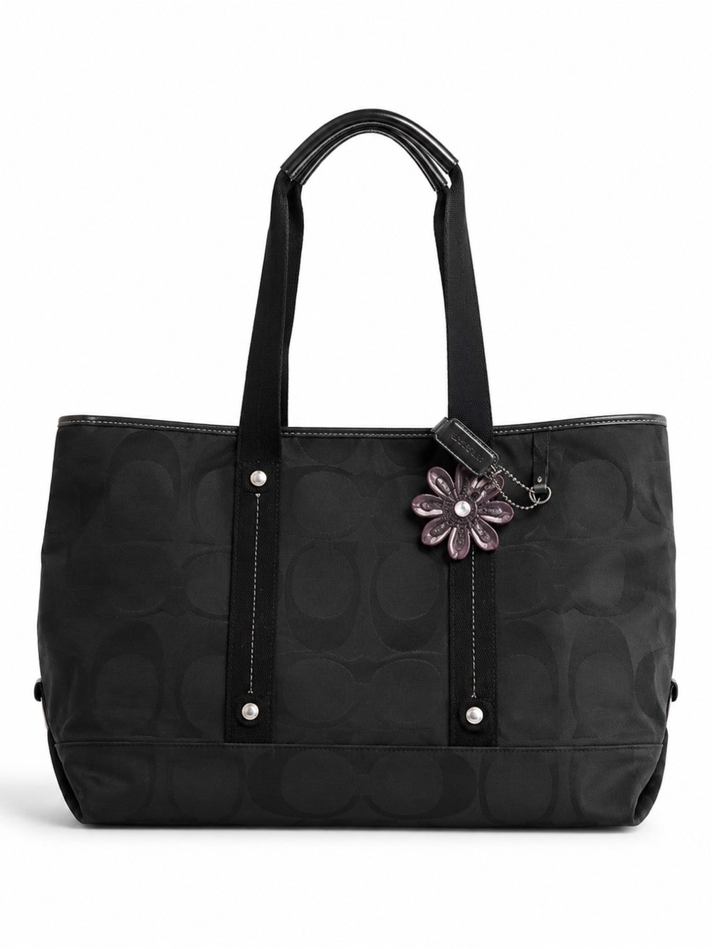 RARE Y2K Coach signature monogram black tote shoulder bag with flower keychain